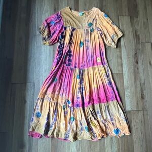 Papillon Tie‎ Dye Maxi Tier Dress Women’s Sz L Boho Free People Beach Vintage